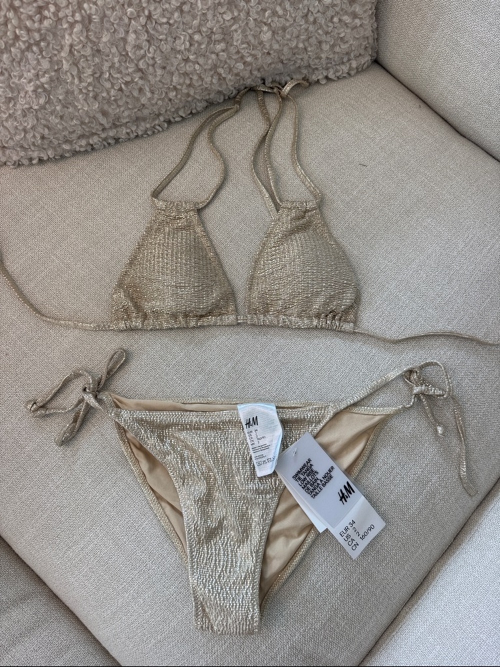 NWT H&M Gold Shimmer String Bikini Set Metallic Triangle Swimwear XS/S